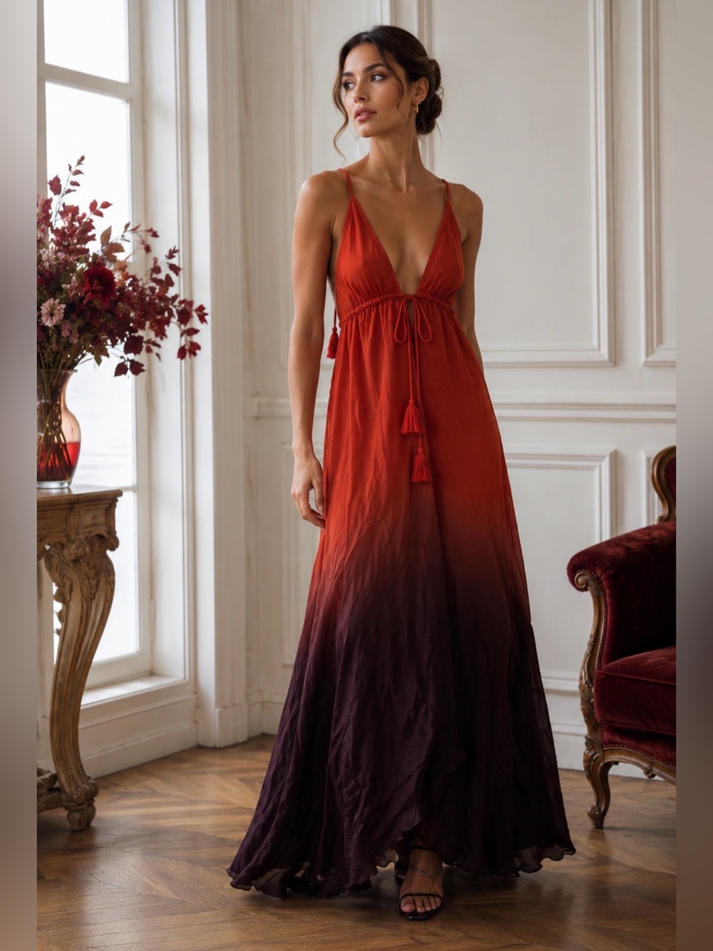 Women’s Ombre Maxi Dress in Red to Deep Plum - Sleeveless V-Neck